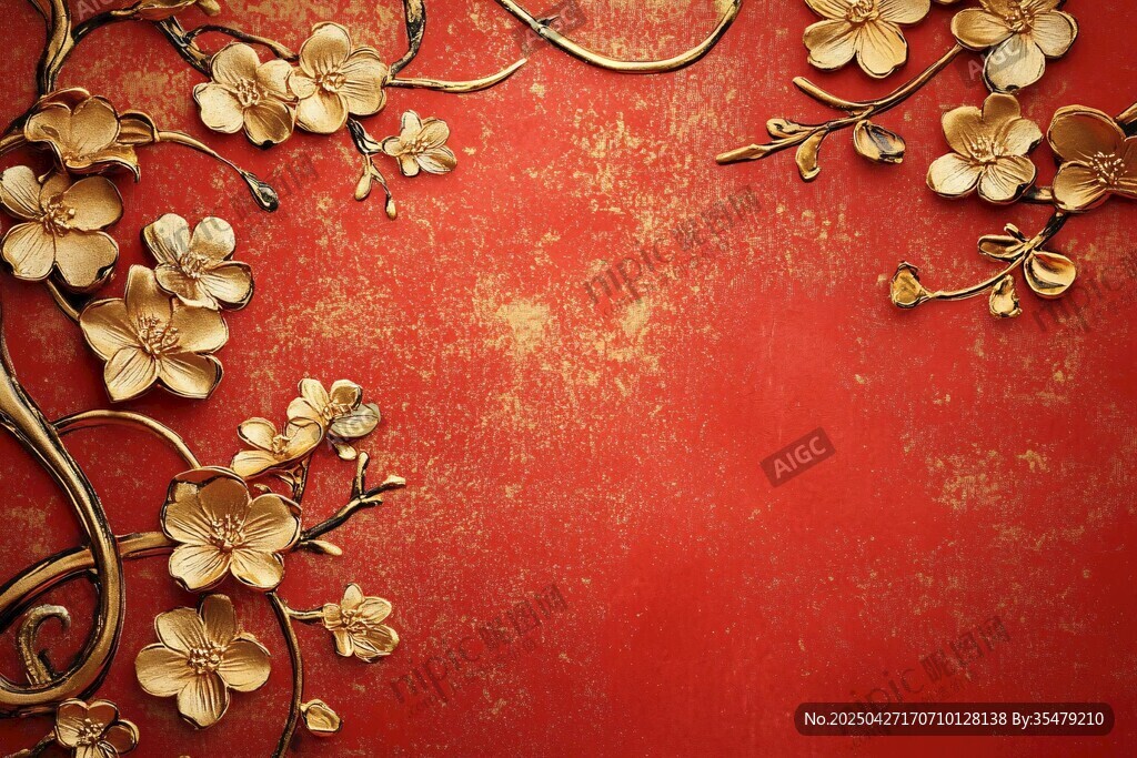 金枝繁花映紅底裝飾圖