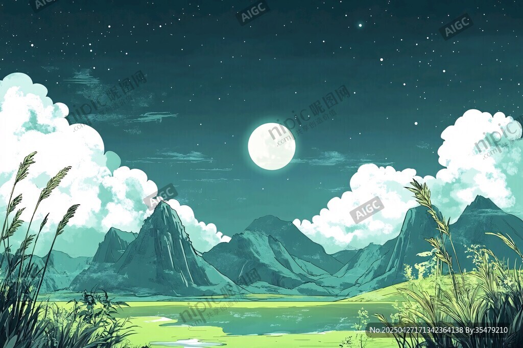 月夜下的山川草地美景