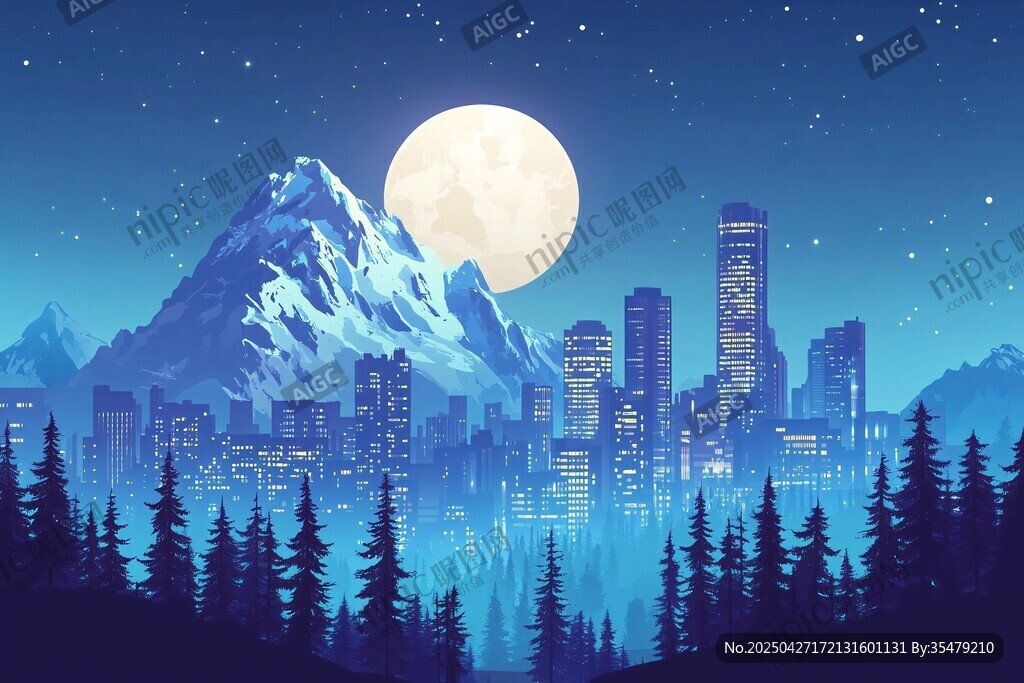 月夜下的城市與山林景觀