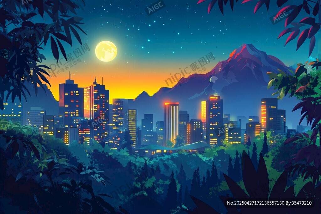 月夜下的城市與山林美景