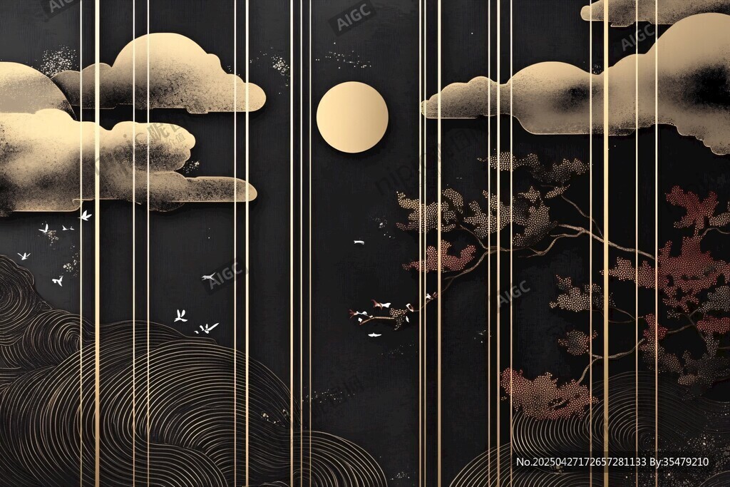中式黑金風(fēng)云海月夜圖景