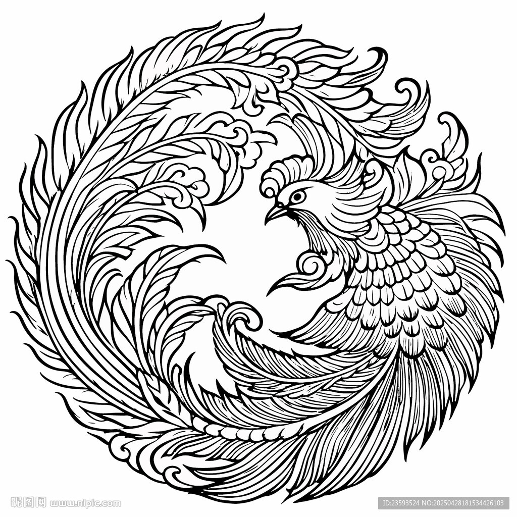 圓形鳳凰圖騰線描圖案