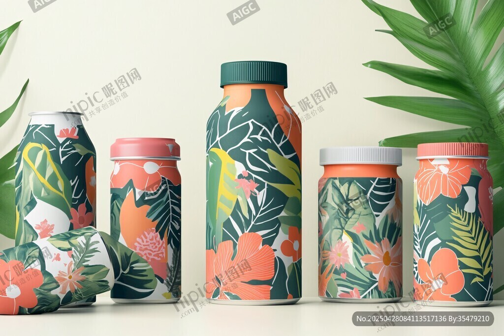 熱帶花卉圖案的多彩容器