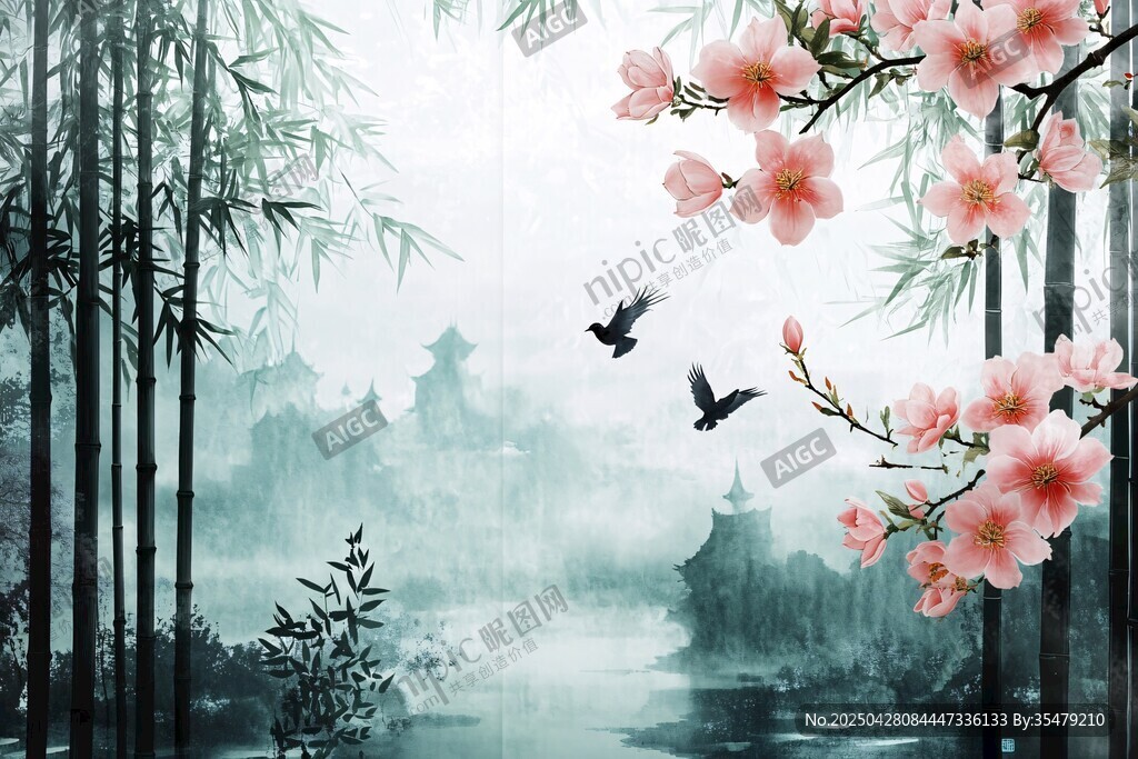 水墨竹桃飛鳥中式風(fēng)景畫