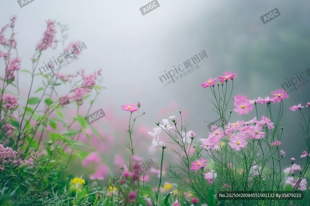 霧中爛漫綻放的粉色小花