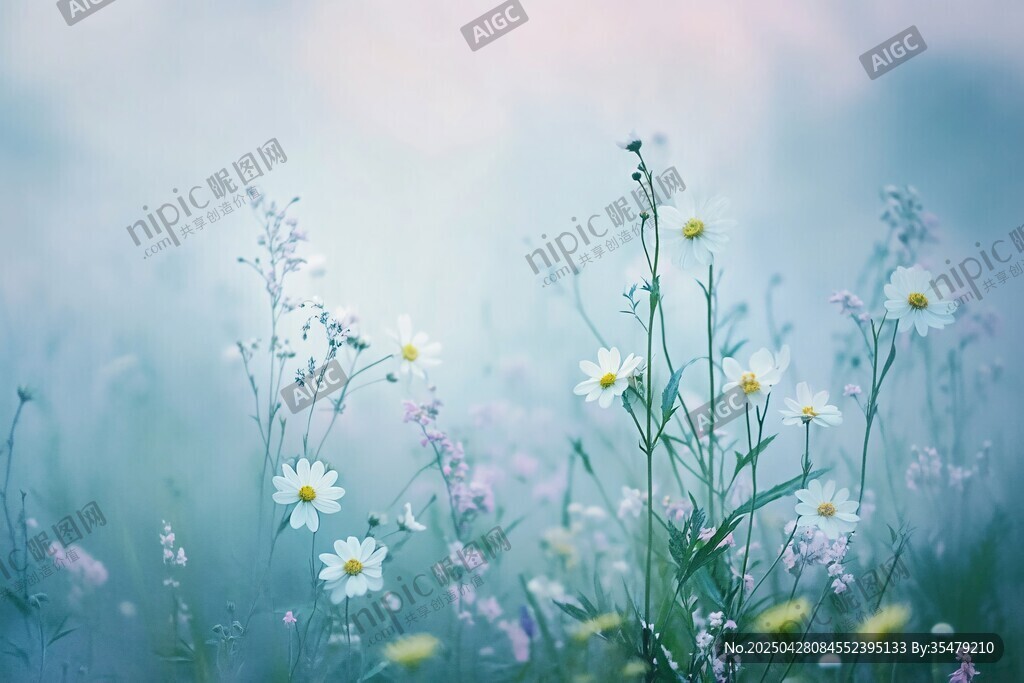 夢幻雛菊綻放于朦朧草地