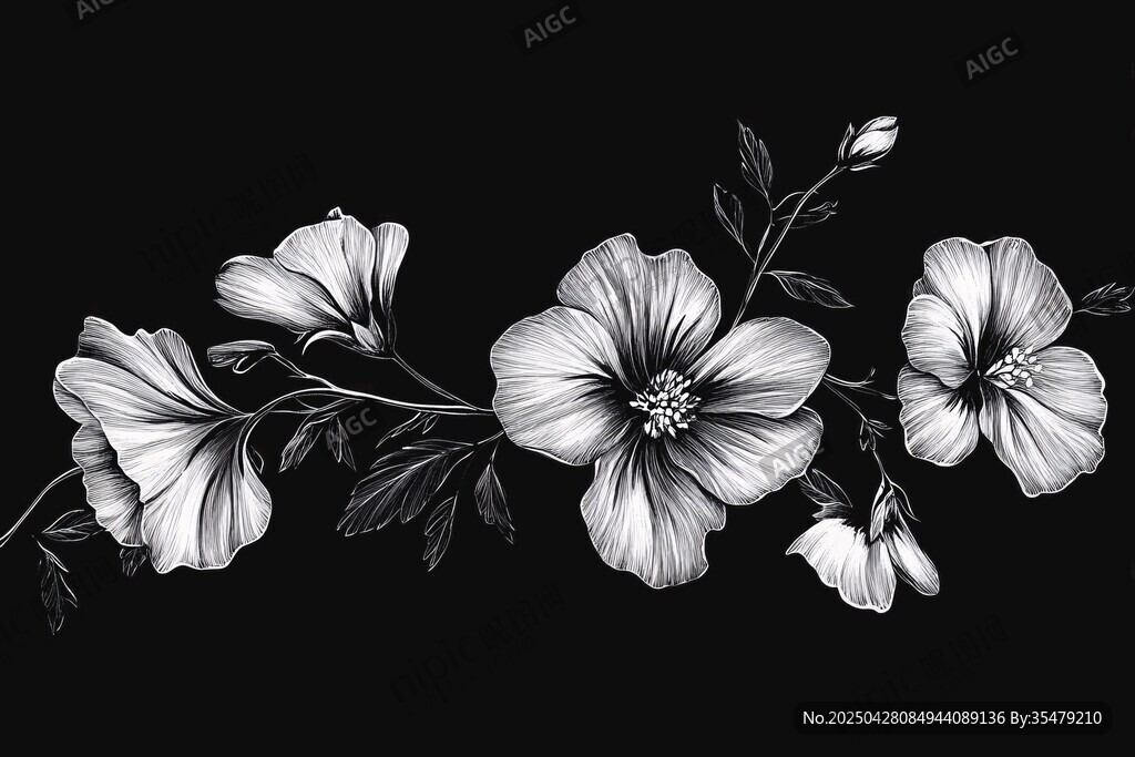 黑白花卉線條插畫