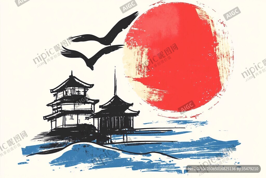 日式風(fēng)光中的落日與飛鳥