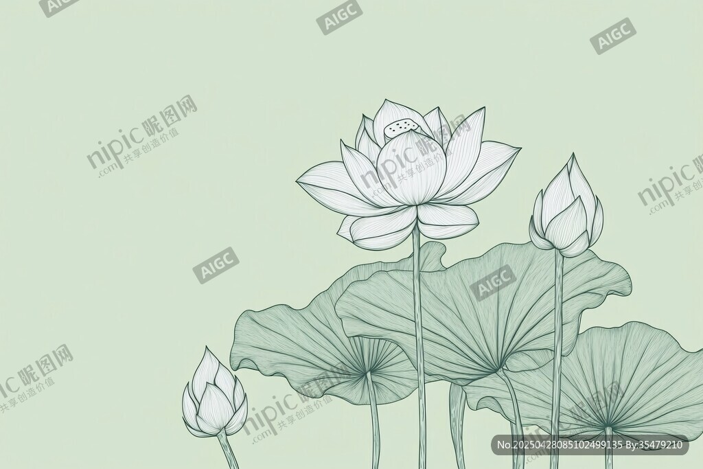 淡彩水墨風荷花插畫