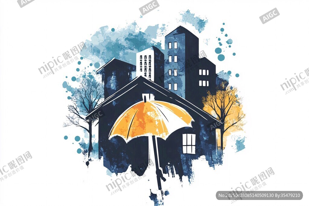 雨中城市小屋與撐傘景象