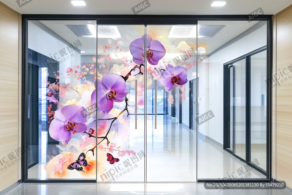 走廊玻璃上的夢(mèng)幻花卉圖案