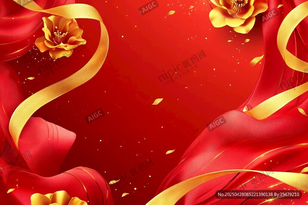 喜慶紅金背景花卉飄帶圖