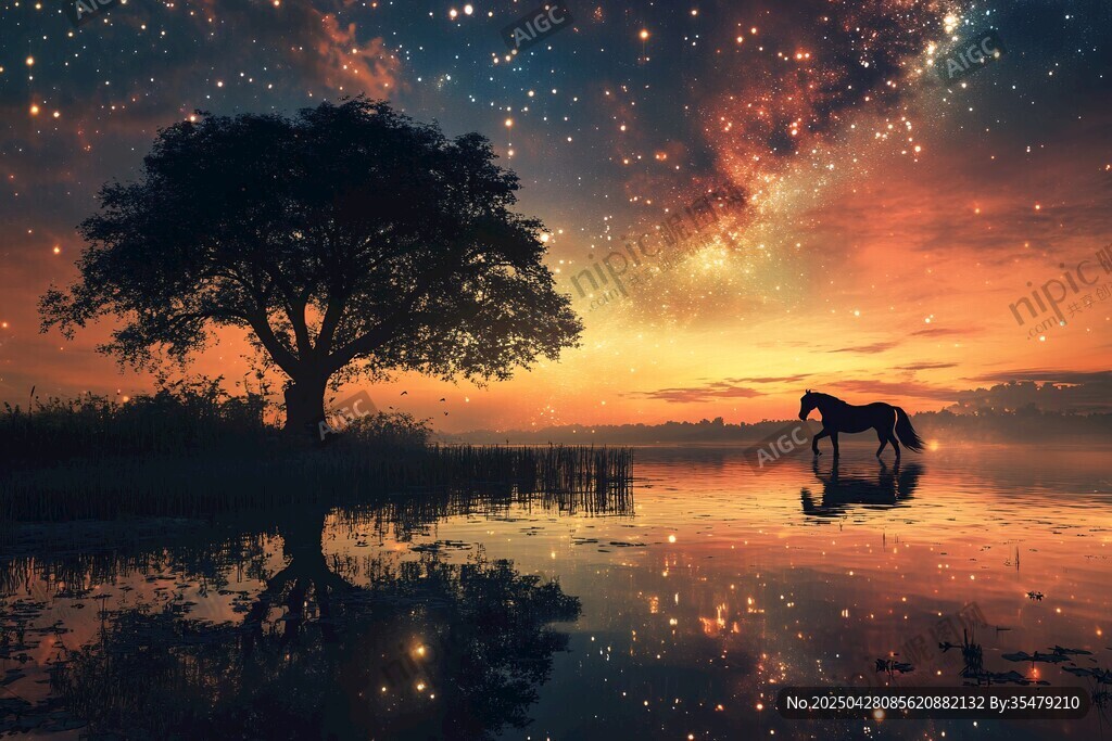 星空下的孤樹與駿馬