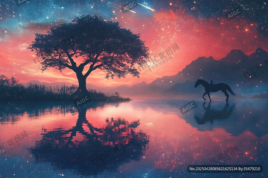 夢幻星空下的樹與獨(dú)行馬