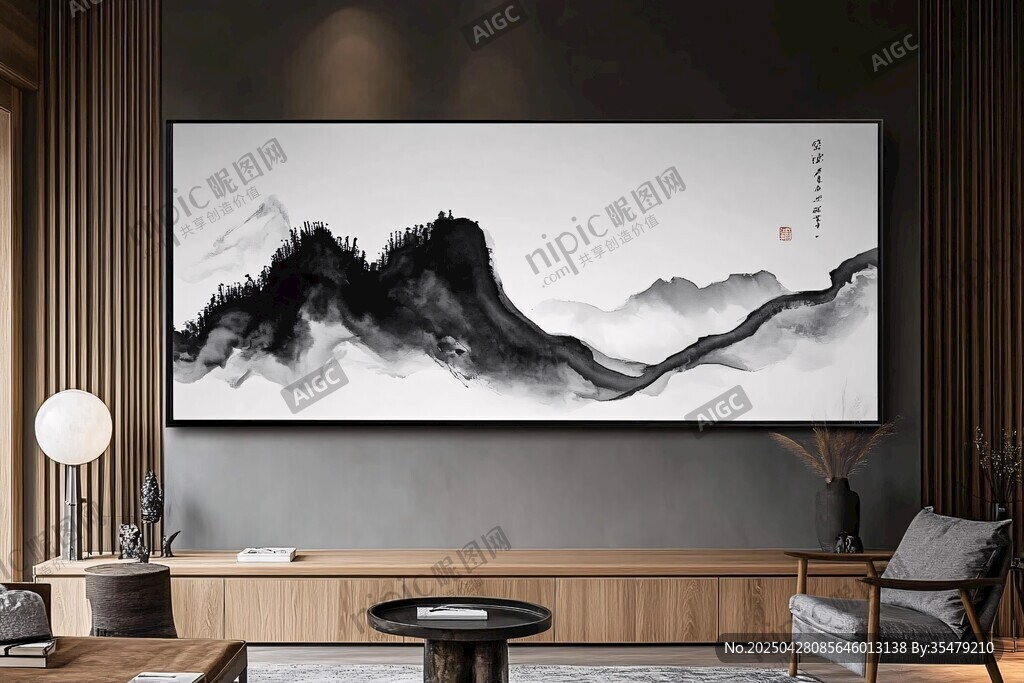 中式客廳中的山水墨畫裝飾