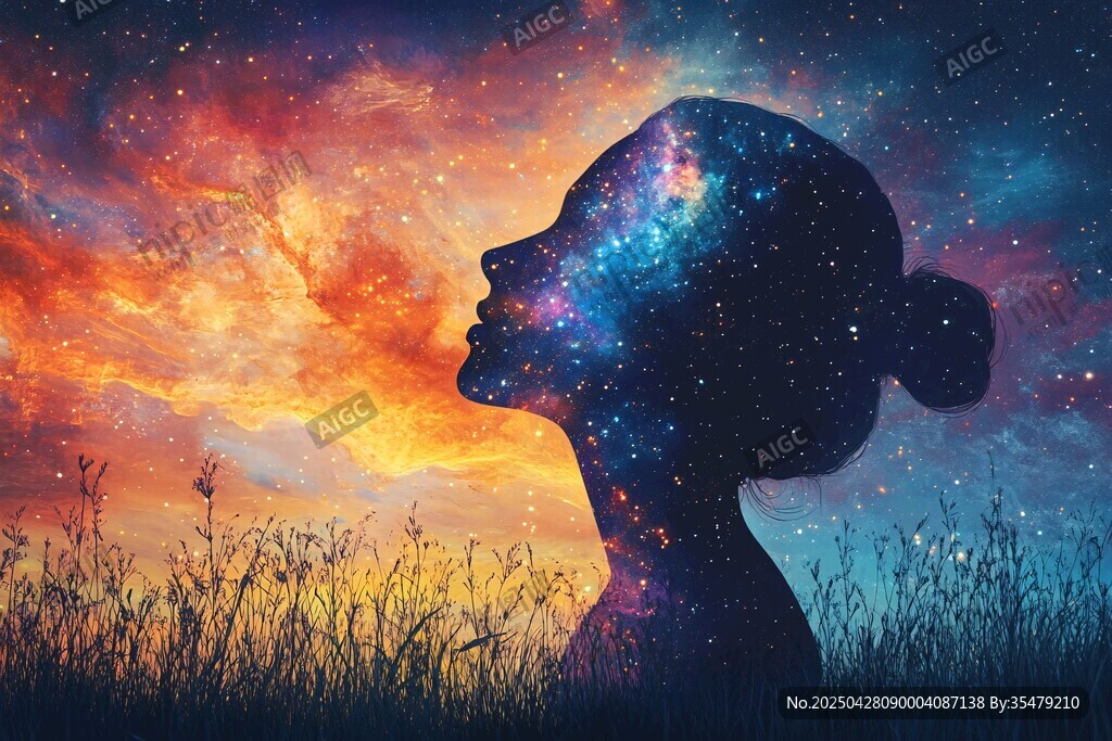 夢幻星空下的女性剪影