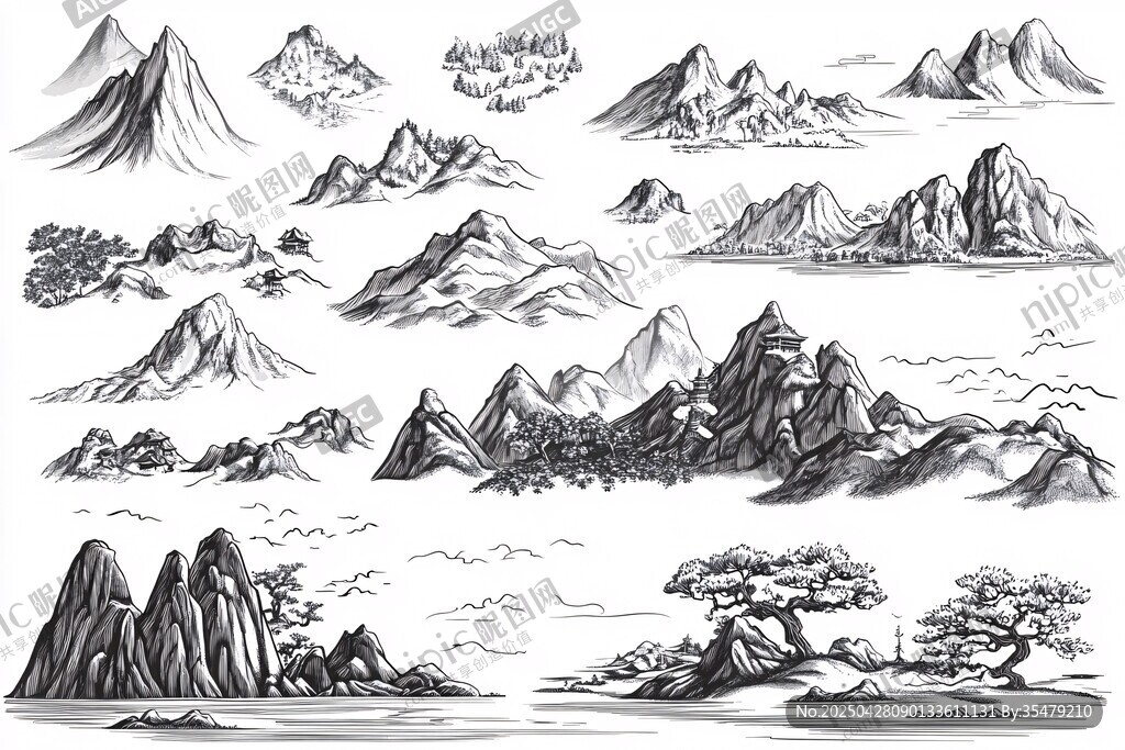中式水墨風格山巒景致
