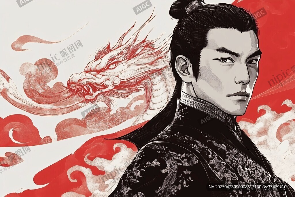 古風男子與祥瑞紅龍意象