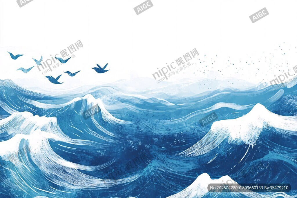 海浪翻涌飛鳥翱翔圖