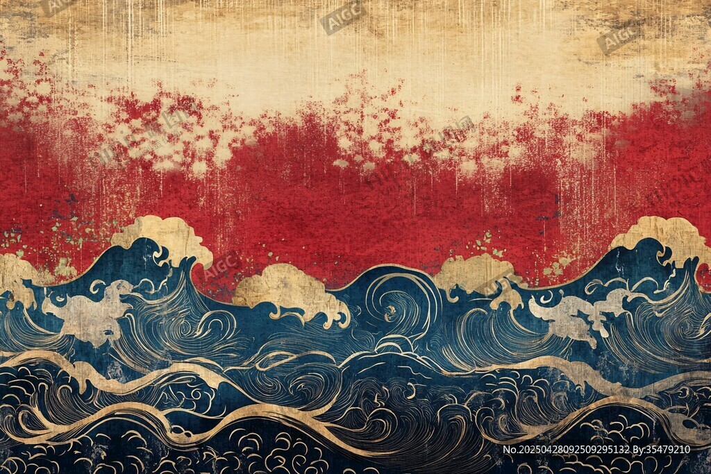 復古風格海浪紅金藝術畫