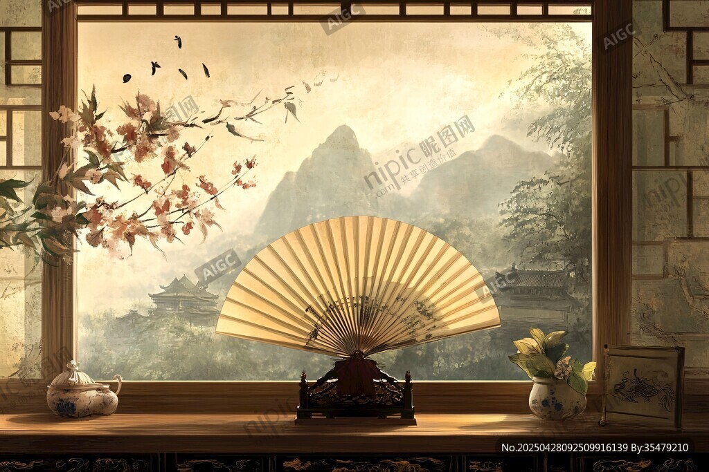 古典窗景下的雅致折扇
