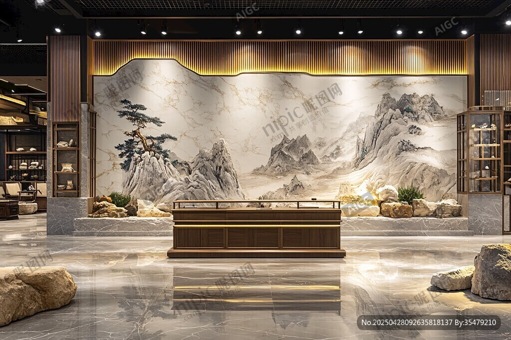 中式大廳山水壁畫裝飾美