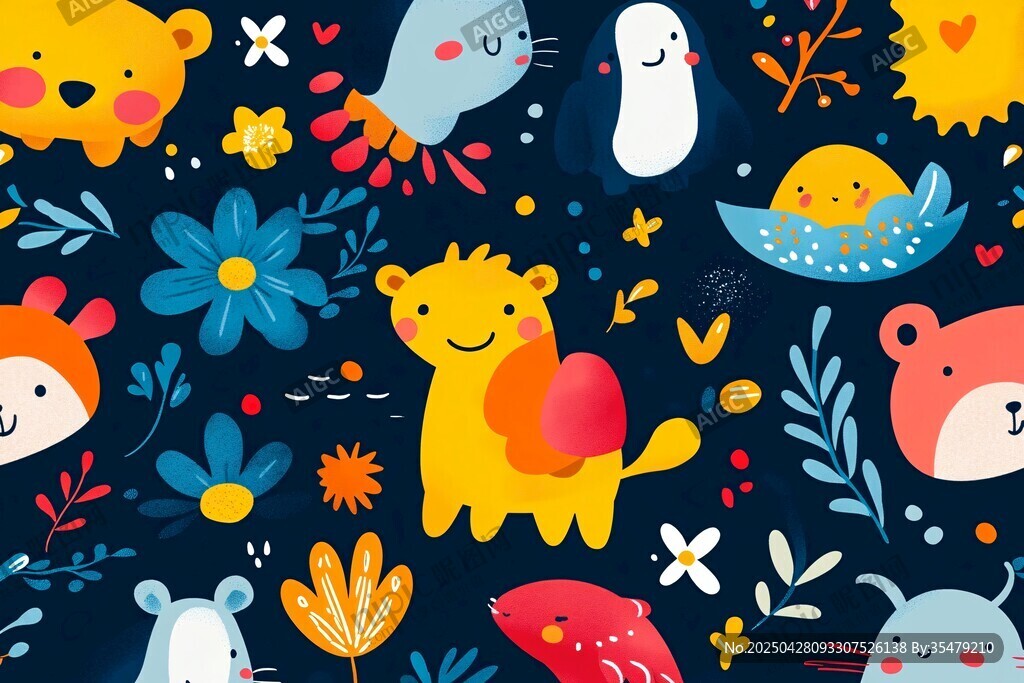 可愛動物花卉圖案插畫