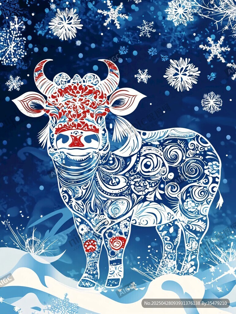 藍白牛年冬日祥瑞圖案