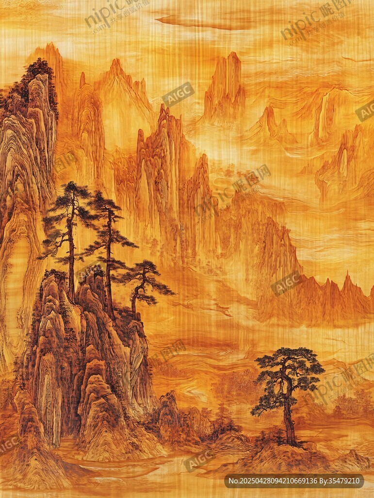 金色山水國畫中的巍峨景致