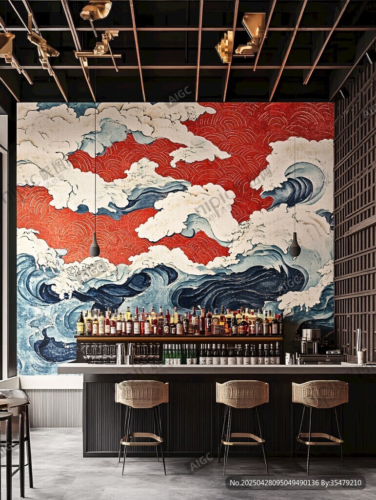 日式風(fēng)酒吧的海浪壁畫