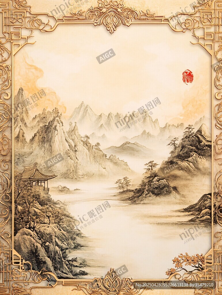 中式山水金框古典裝飾畫