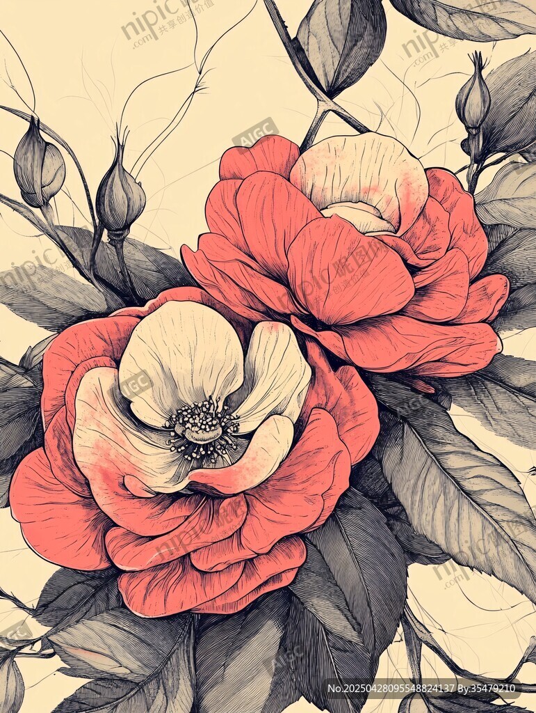 復古風雙朵艷麗花卉圖