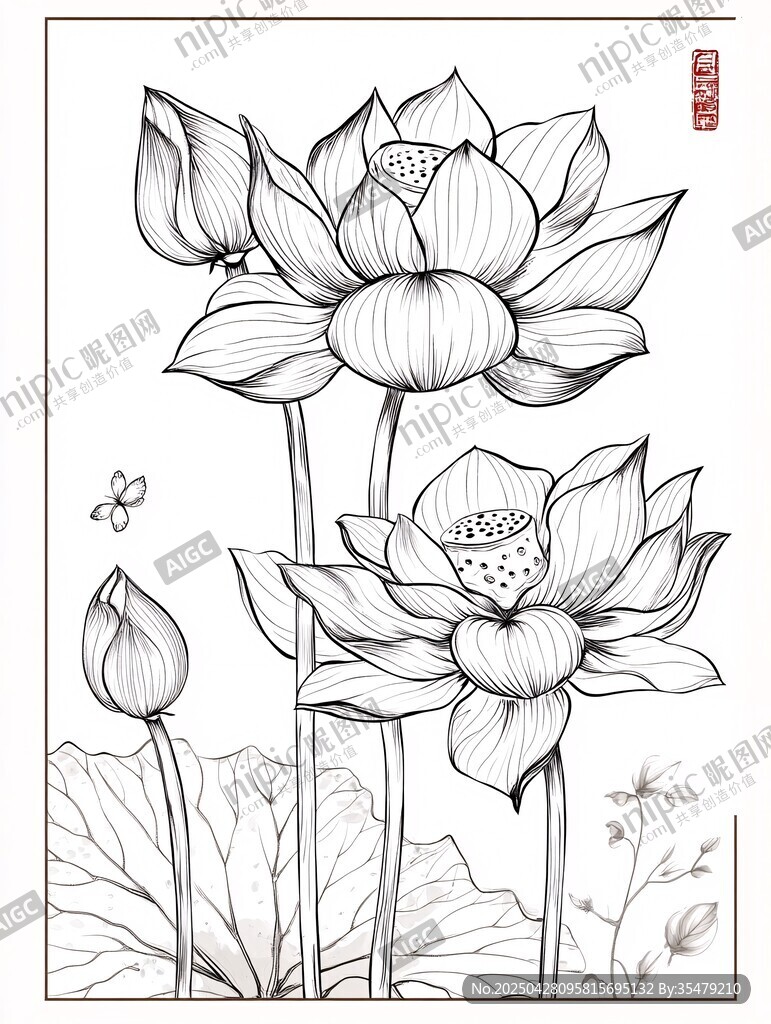 水墨荷花線描圖