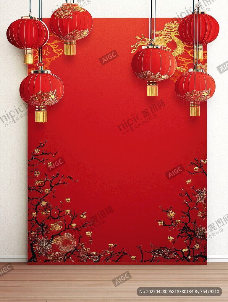 喜慶中式背景 紅燈籠與紅梅