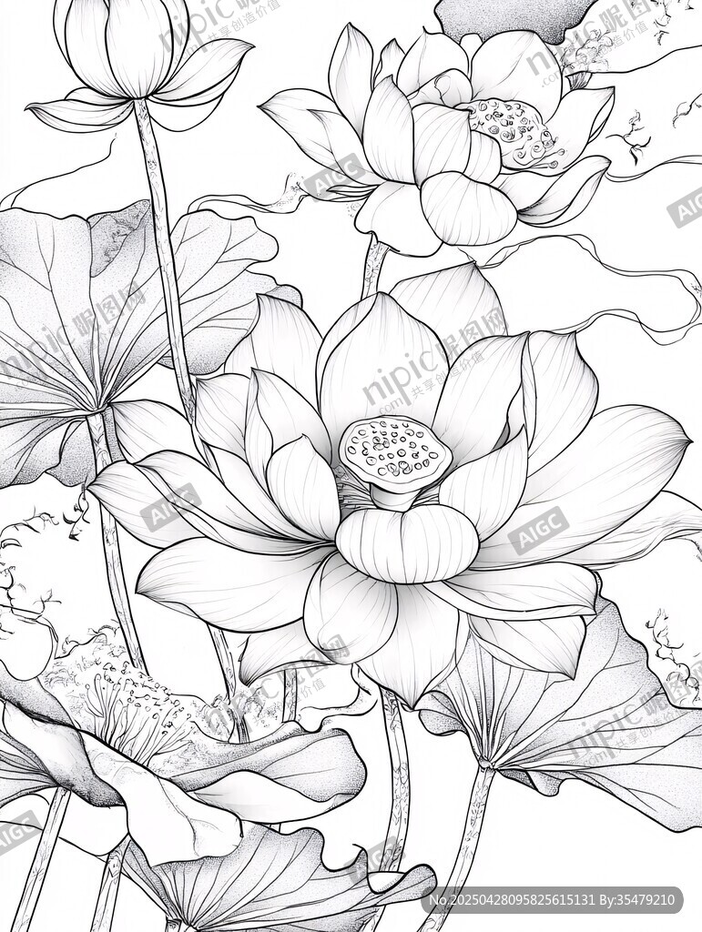 白描荷花圖
