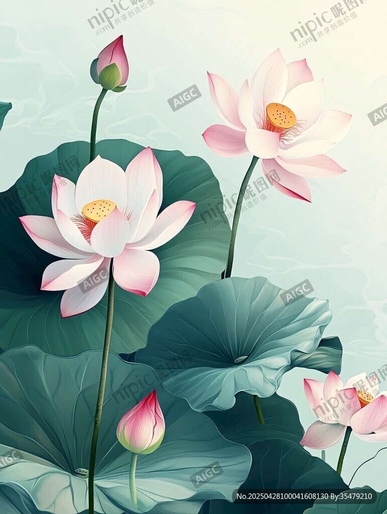 清新水墨風荷花綻放圖
