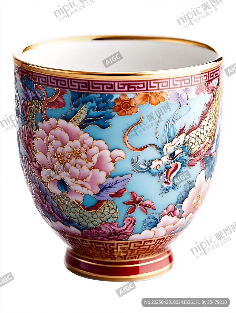 中式彩瓷杯 龍與牡丹紋飾