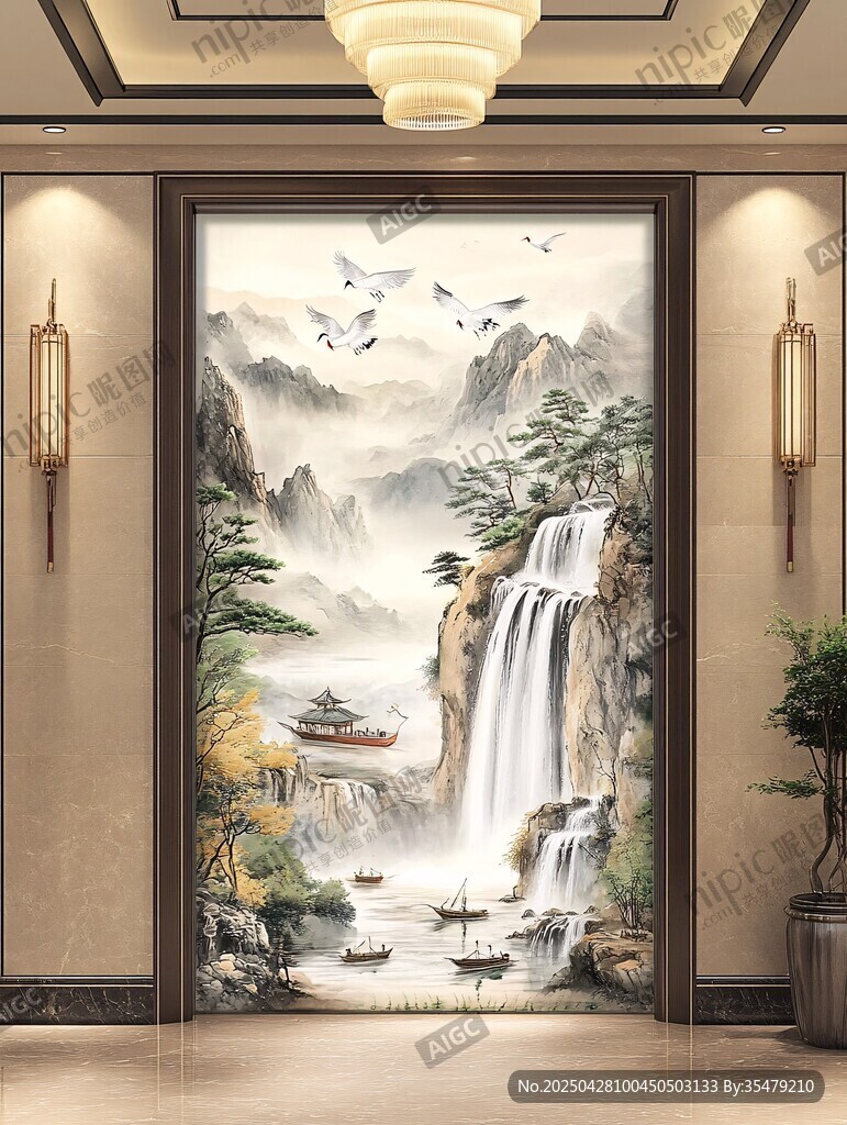 中式山水玄關(guān)壁畫藝術(shù)美