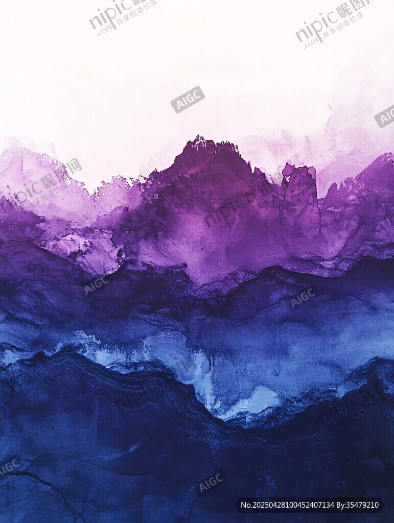 夢幻紫藍水彩山脈風景