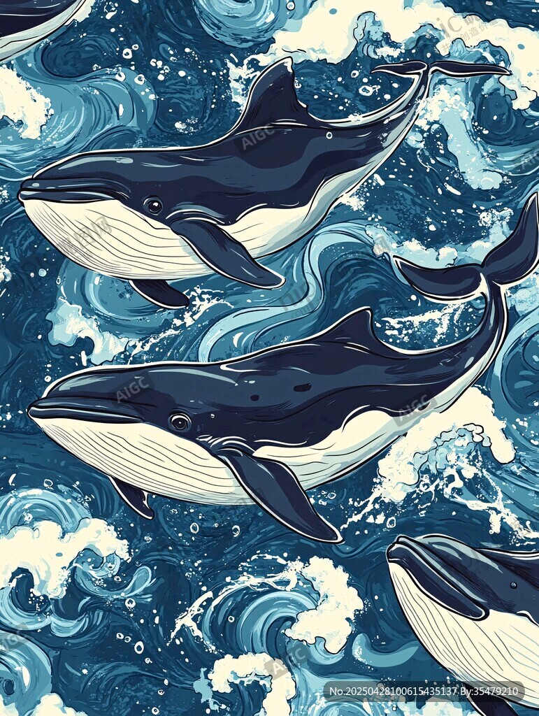 海洋鯨魚與波浪無縫圖案