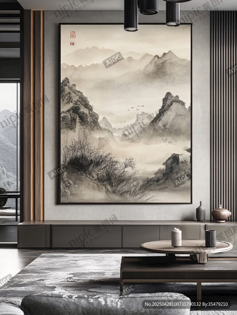中式客廳的山水墨畫裝飾