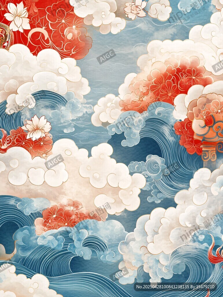 中式海浪祥云花卉插畫
