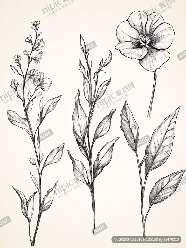 手繪花卉植物線條插畫