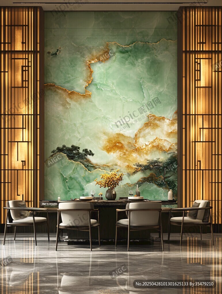中式奢華餐廳的玉石背景墻