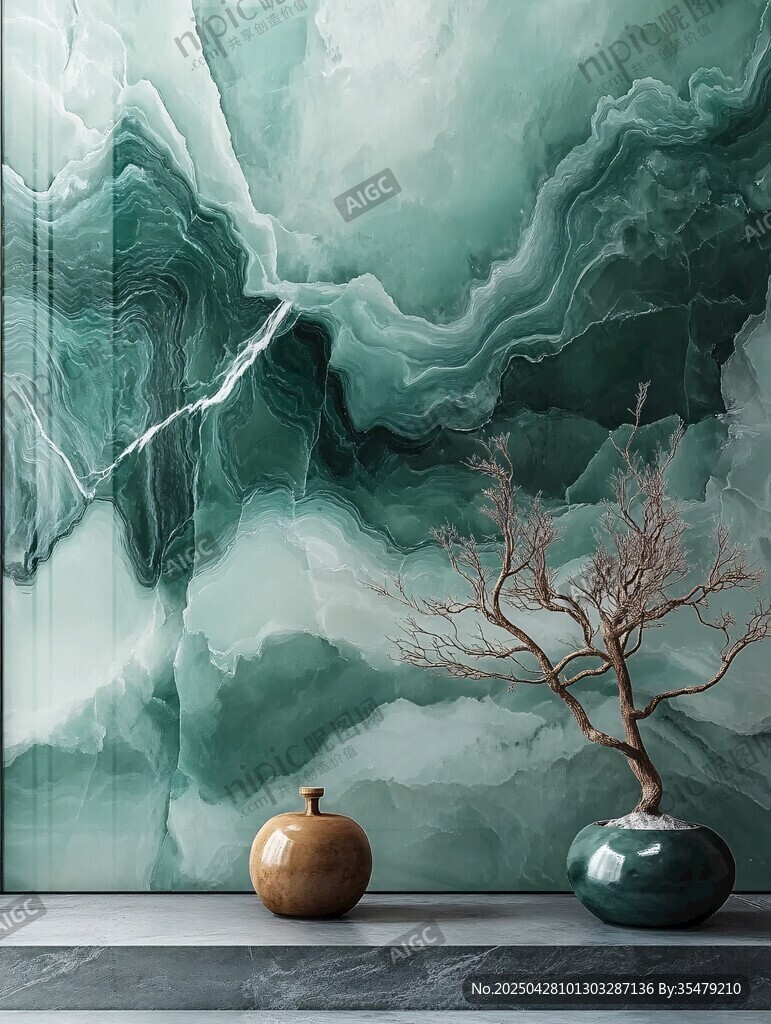 墨綠山水風(fēng)背景與擺件