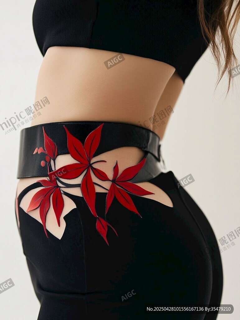 黑色腰帶上的紅葉裝飾