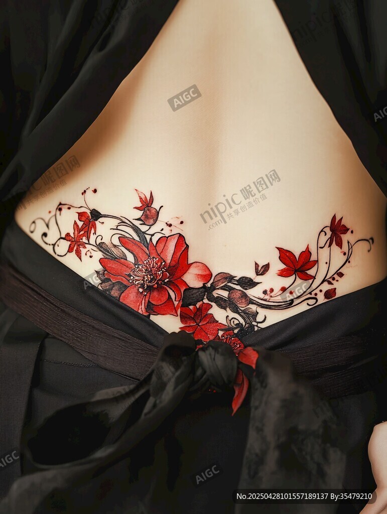 腹部艷麗花卉紋身圖案