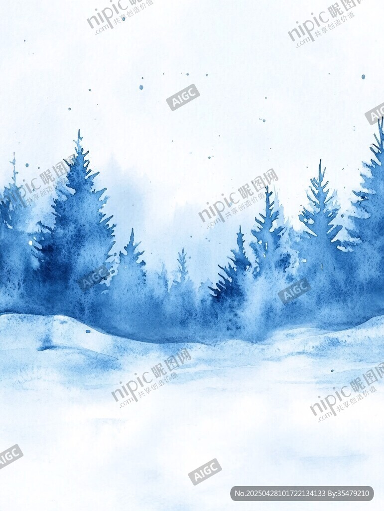 冬日雪林水彩風景圖