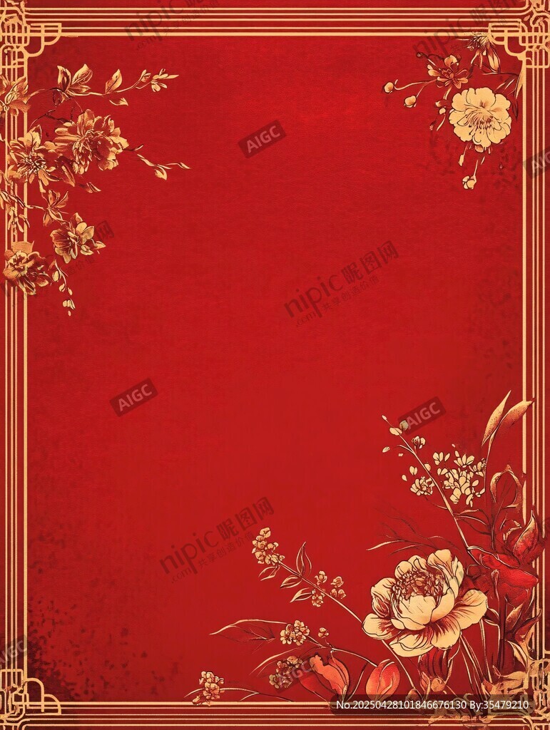 中式紅底花卉邊框背景圖