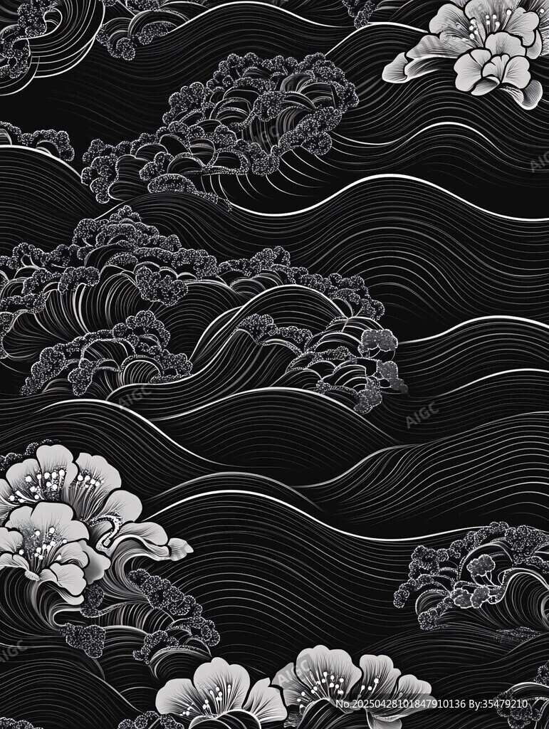 黑白海浪繁花中式圖案